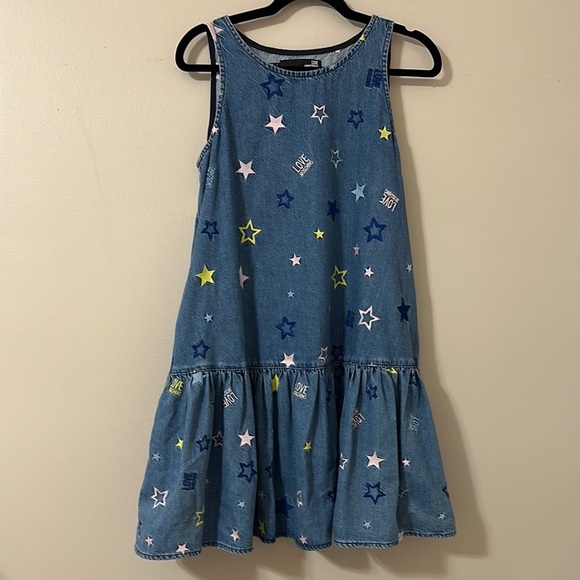 LOVE MOSCHINO Women’s Flounced Embroidered Sleeveless Denim Dress Sz 4 Girly - Picture 5 of 13